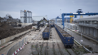 Excavated earth from the London TBMs being loaded into trains at the Logistics Hub.