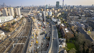 Aerial view of the Euston Approaches with the London skyline behind.