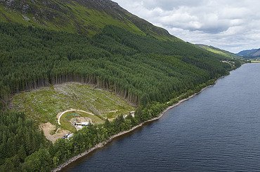 Aerial view of the Coire Glas site with the forest and the bank of the loch