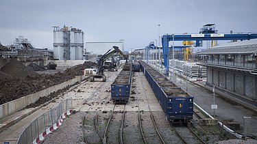 Excavated earth from the London TBMs being loaded into trains at the Logistics Hub.